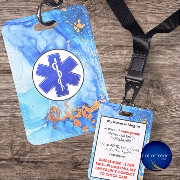 Custom Medical Alert Tag Faux Leather ICE ID, UK Emergency Symbol