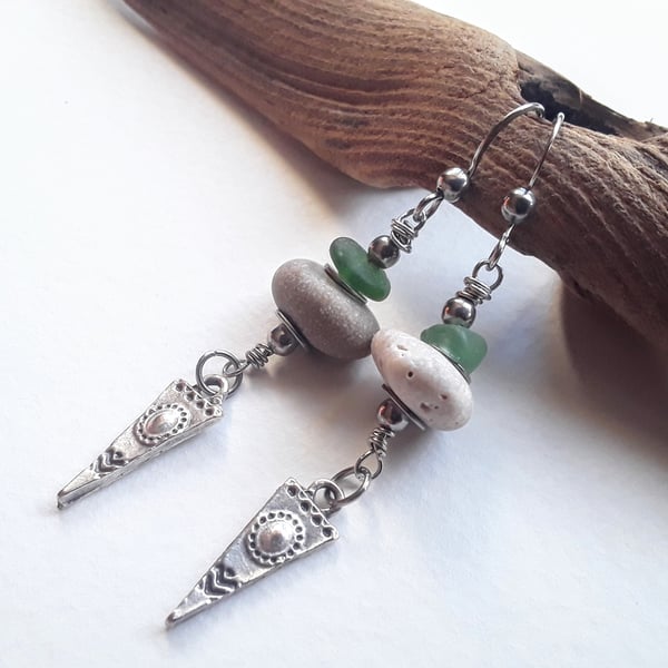 Dangly Pebble Earrings with Embossed Tibetan Silver Charm 