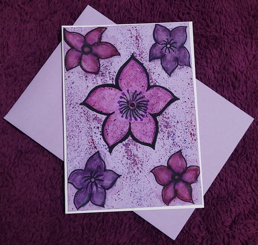 Flower art handmade blank card with lilac envelope
