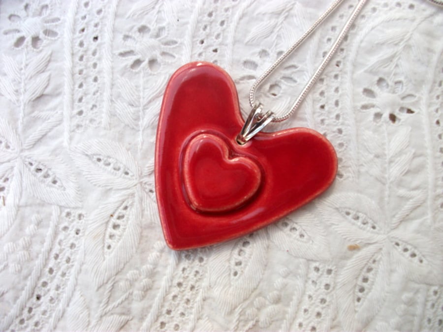 SALE - Ruby Red heart on heart ceramic pendant necklace - sterling silver