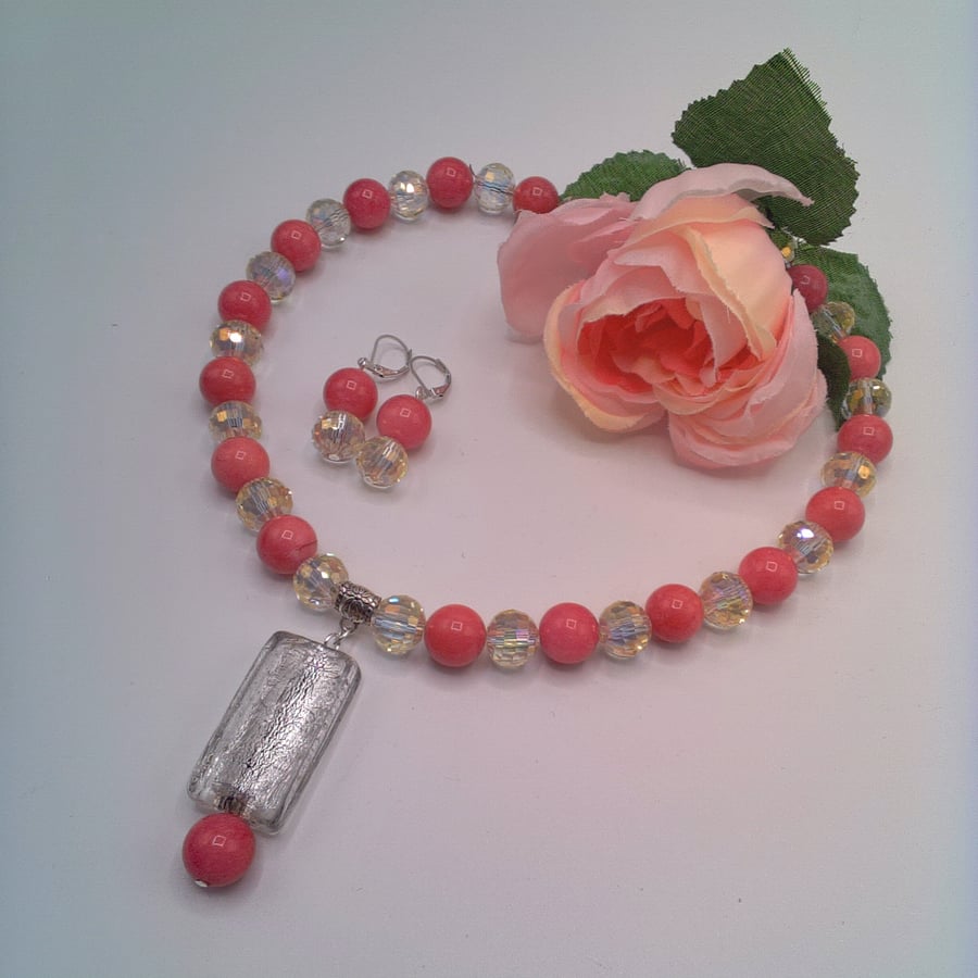 Hot Pink Beads and Glitter Ball Crystal Bead Necklace and Earrings, Gift for Her