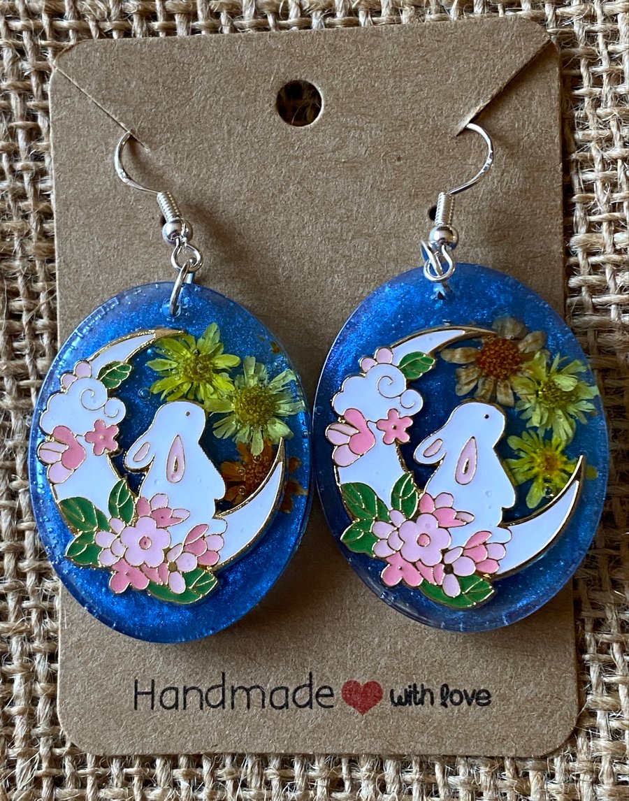 Large Oval Handmade Bunny On Moon And Real Dried Flower Earrings 