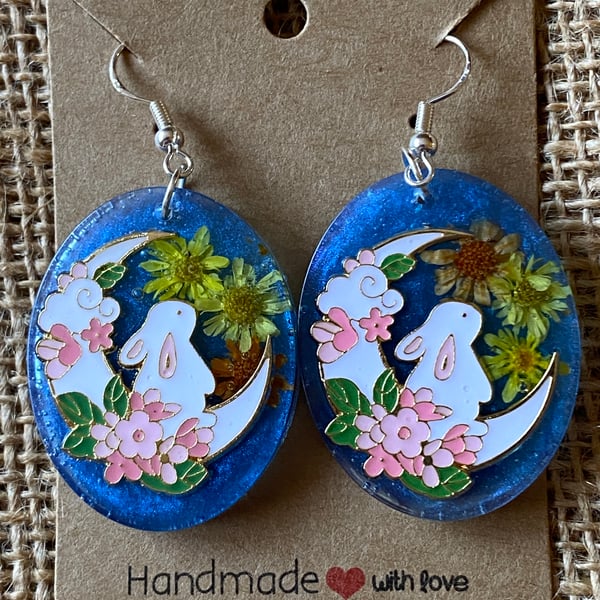 Large Oval Handmade Bunny On Moon And Real Dried Flower Earrings 