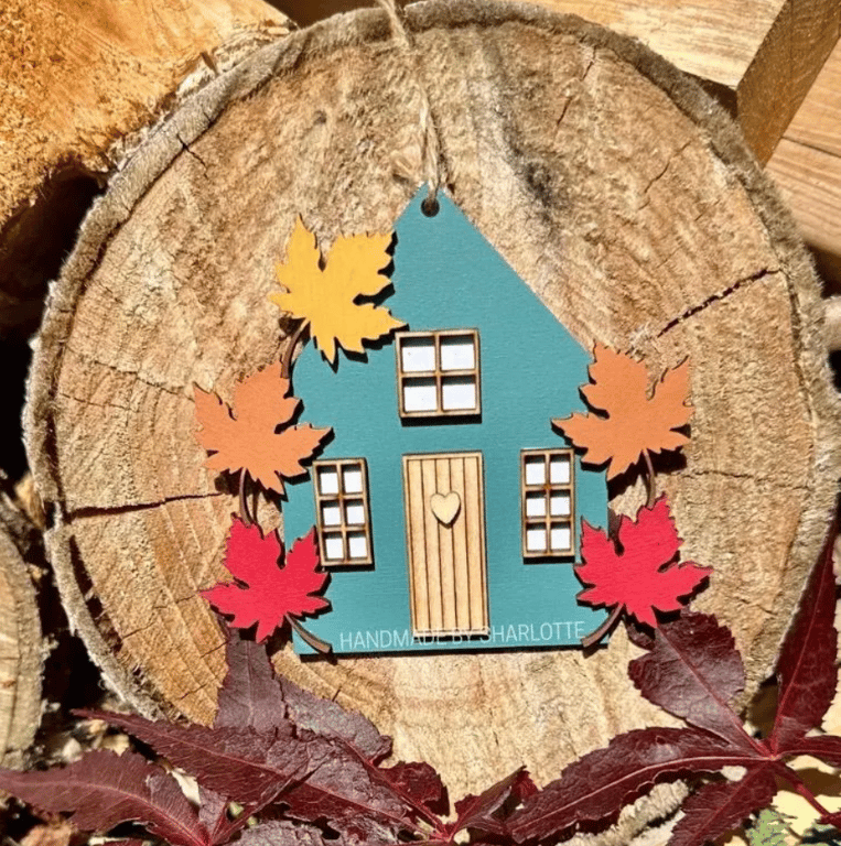 Blue Hand painted Wooden Maple Leaf Cottage House Hanging Ornament