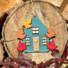 Blue Hand painted Wooden Maple Leaf Cottage House Hanging Ornament