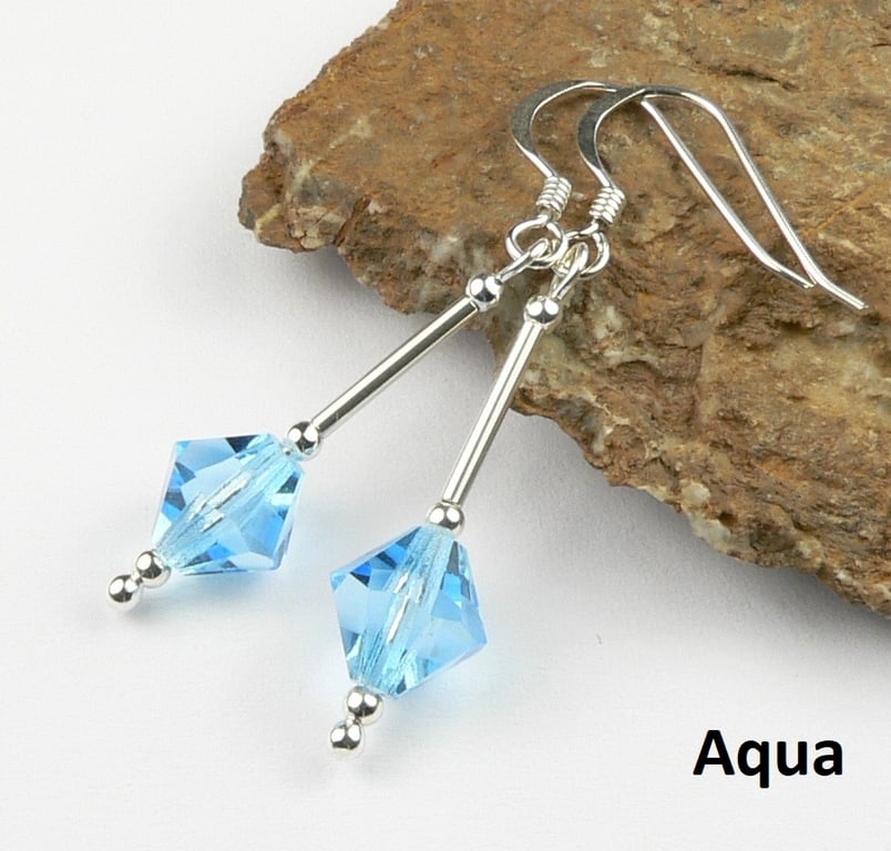 Aquamarine blue Preciosa crystal drop earrings, sterling silver, 8mm, bicone