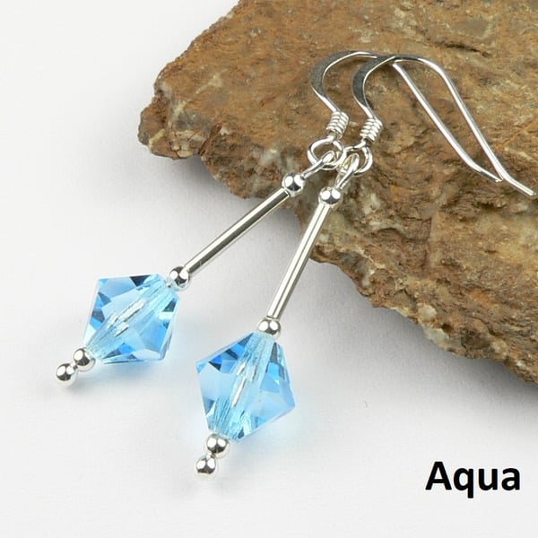 Aquamarine blue Preciosa crystal drop earrings, sterling silver, 8mm, bicone