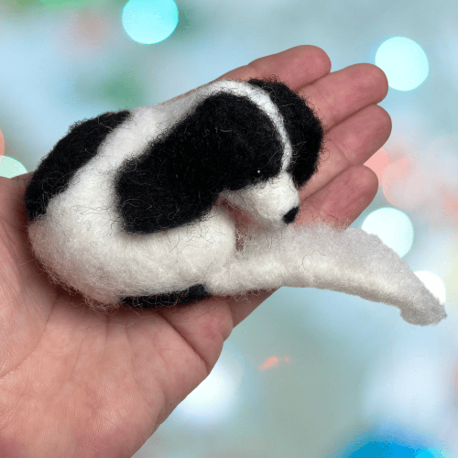 Little spaniel dog, black and white, needle felted