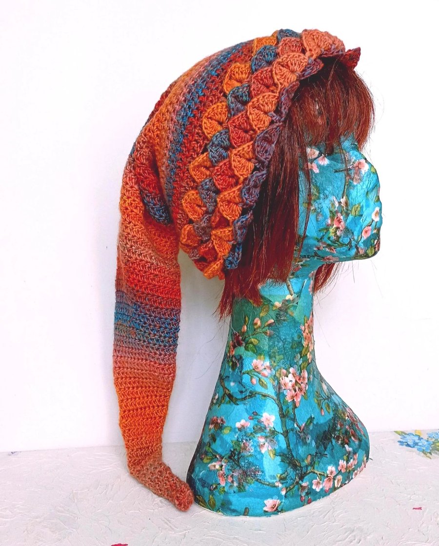 Long Tail Pixie Hat in Shades of Orange and Blue, Quirky Winter Hats