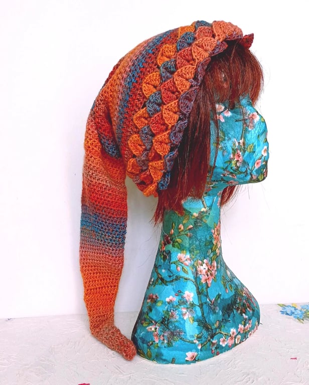 Long Tail Pixie Hat in Shades of Orange and Blue, Quirky Winter Hats