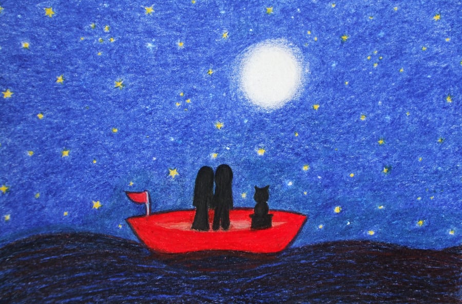 Boat Card, Romantic Couple Cat Card, Moon Stars Love Card, Wedding, Anniversary
