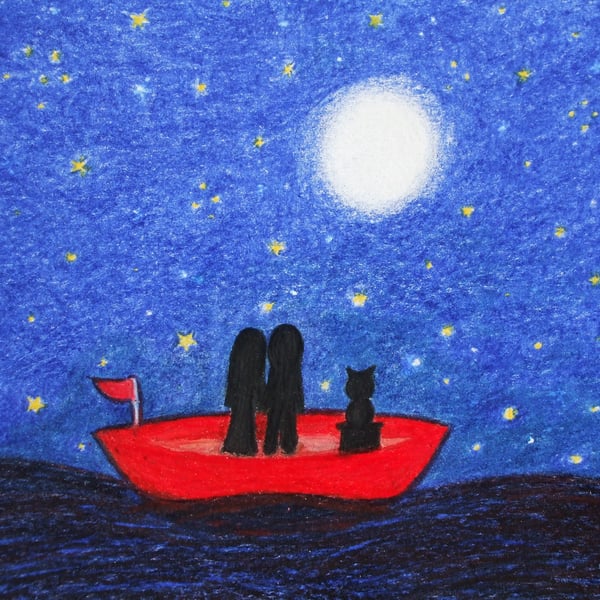 Boat Card, Romantic Couple Cat Card, Moon Stars Love Card, Wedding, Anniversary