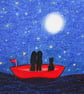 Boat Card, Romantic Couple Cat Card, Moon Stars Love Card, Wedding, Anniversary - Image 1