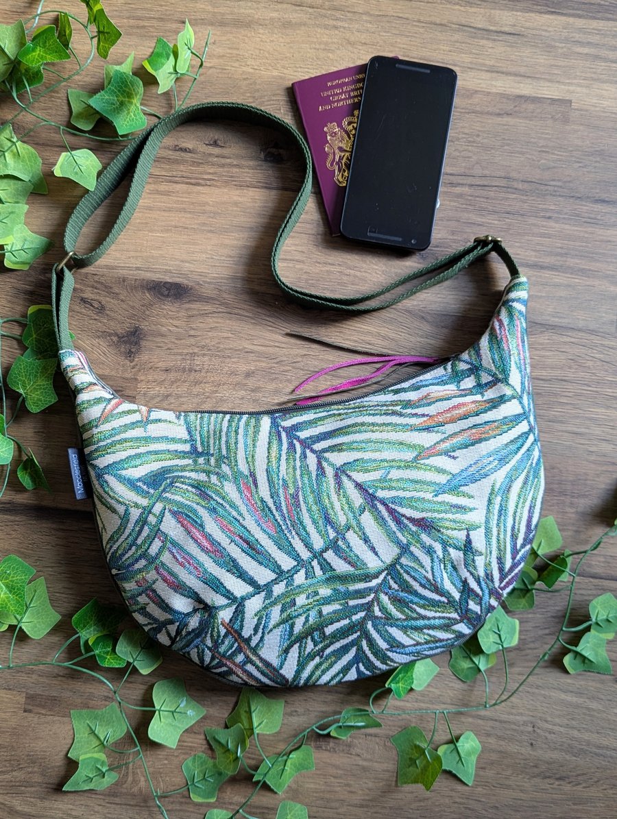 Small Sling Bag, Dumpling Cross Body Bag - Leaf Design and Repurposed Canvas