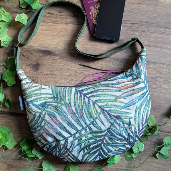 Small Sling Bag, Dumpling Cross Body Bag - Leaf Design and Repurposed Canvas