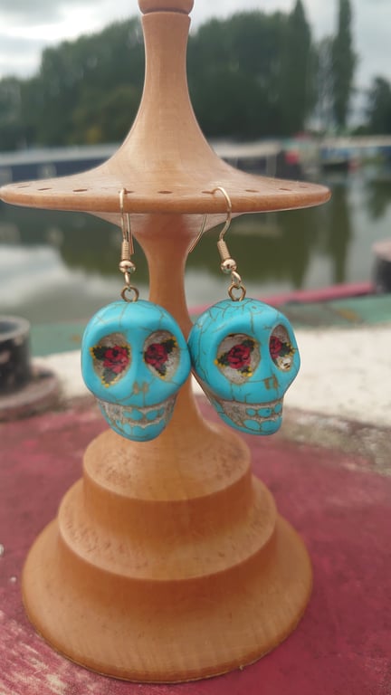 Skull Earrings with Hand Painted Canal Art Roses