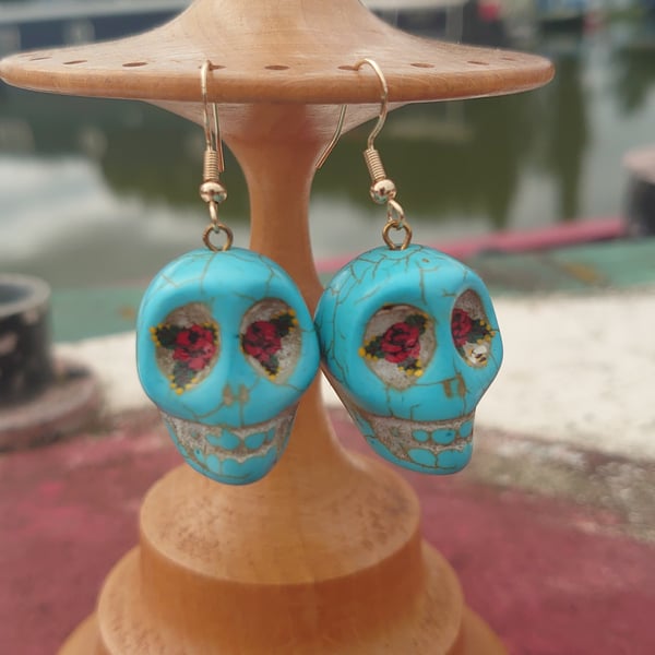 Skull Earrings with Hand Painted Canal Art Roses