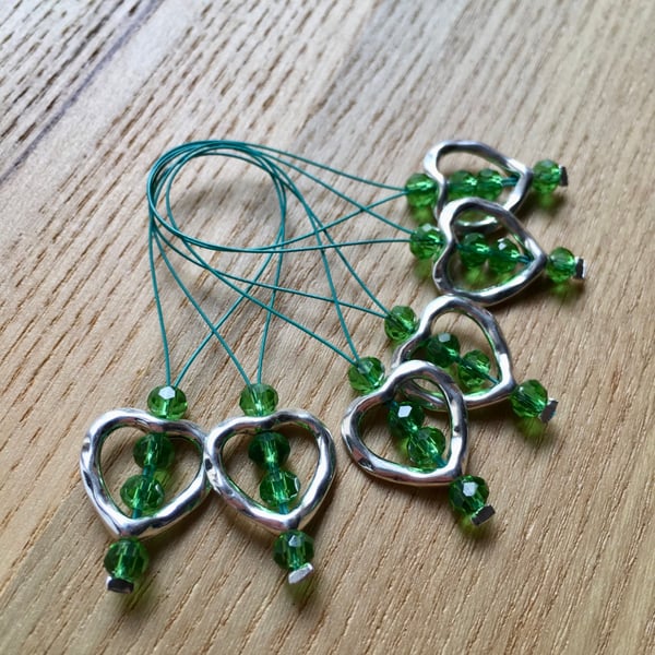 Large Crystal Heart Bead Knitting Stitch Markers pack of 6