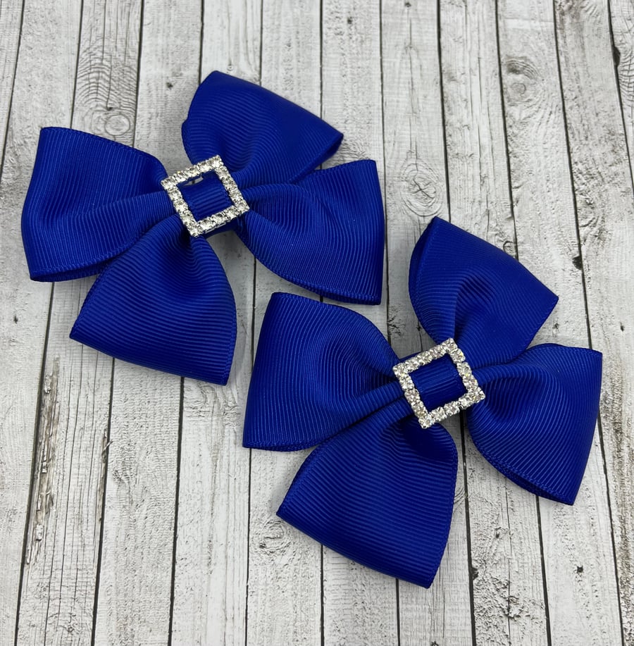 Cobalt Blue Classic Double Bows with Square Diamond Buckle on Clips (pair)