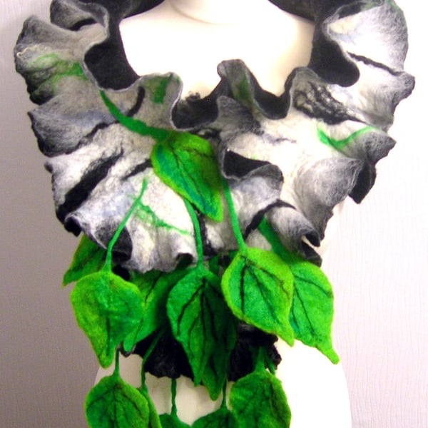 Hand Felted, Wool felted soft ART SCARF- BIRCH-
