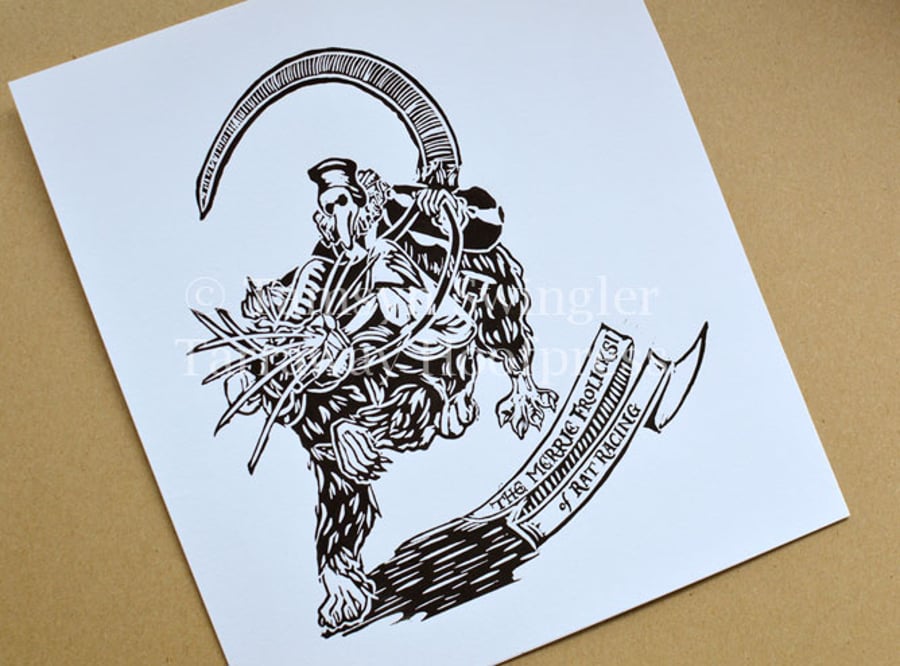 The Merrie Frolicks of Rat Racing - Lino Print - Limited Edition