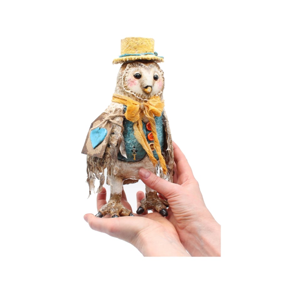 OOAK Owl Art Doll- Country Dandy Gentleman Figurine- Handmade Paper Clay Owl