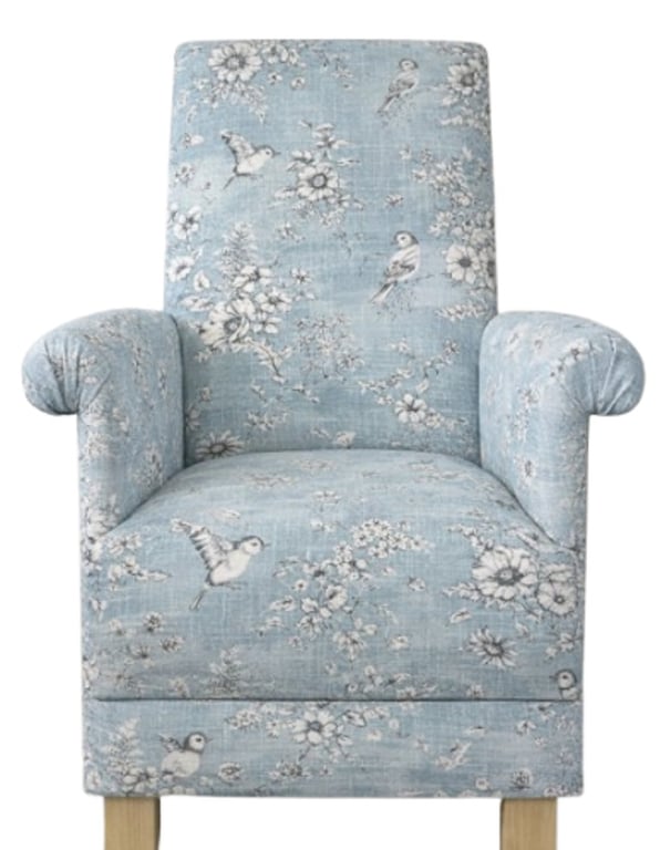 Fireside Chair Armchair Finch Toile Fabric Accent Birds Small Floral Blue Flower