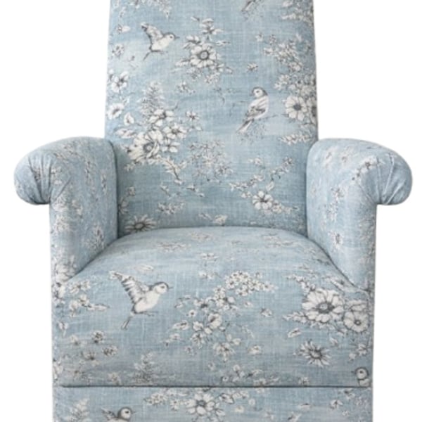 Fireside Chair Armchair Finch Toile Fabric Accent Birds Small Floral Blue Flower