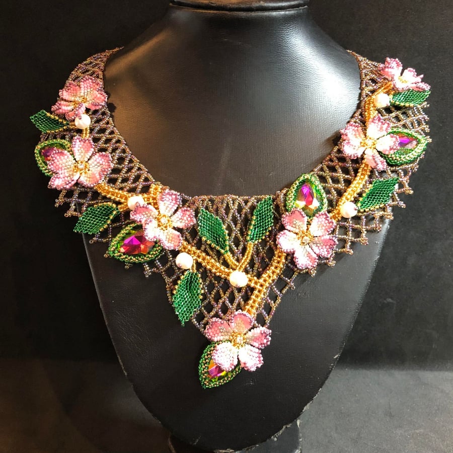 Blossom Seed Bead Collar with Austrian Crystals and Freshwater Pearls, handmade