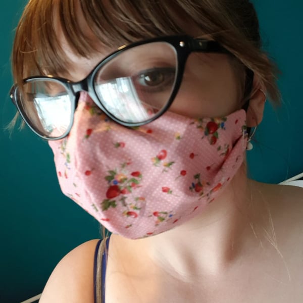 Ladies face mask two layers, pink strawberry flowers  