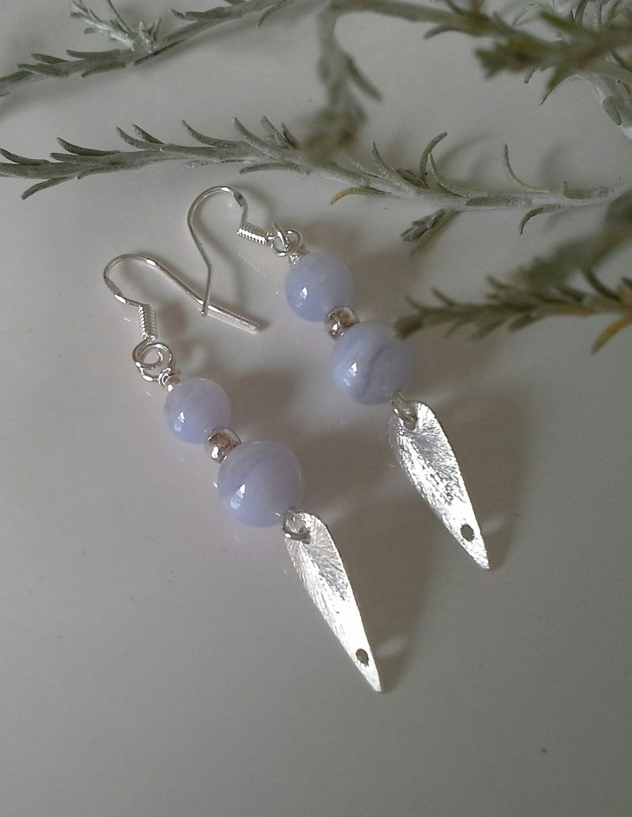 Genuine Blue Lace Agate Earrings Sterling Silver