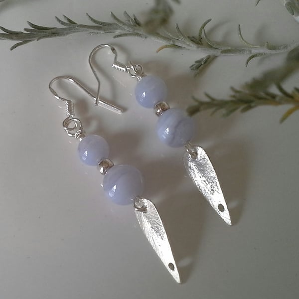 Genuine Blue Lace Agate Earrings Sterling Silver