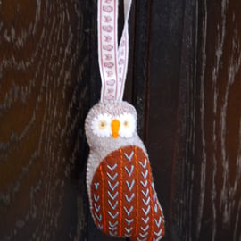 Owl hand embroidered felt bird decoration garden bird range. 