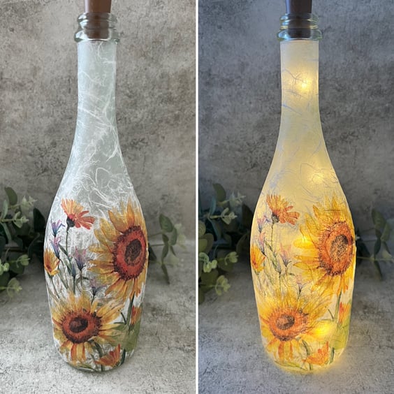 Decoupage Glass Brandy Bottle Light: Sunflowers, Home Decor, Rustic, Upcycled