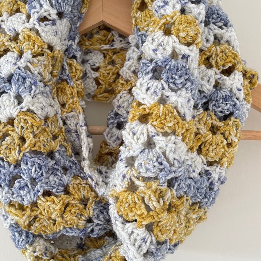 Blue and Mustard Infinity Scarf - Handmade - Crochet Scarves