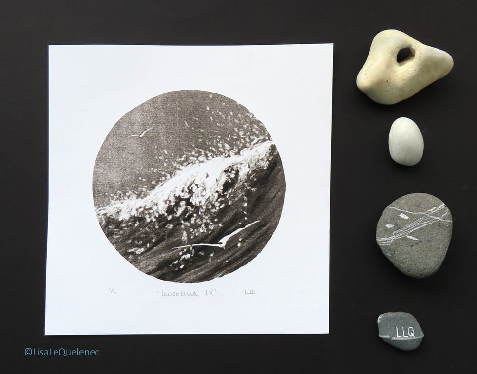 Sea, surf and gliding gulls black and white monoprint coastal beach scene