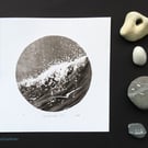 Sea, surf and gliding gulls black and white monoprint coastal beach scene