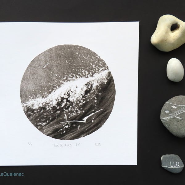 Sea, surf and gliding gulls black and white monoprint coastal beach scene