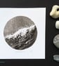 Sea, surf and gliding gulls black and white monoprint coastal beach scene