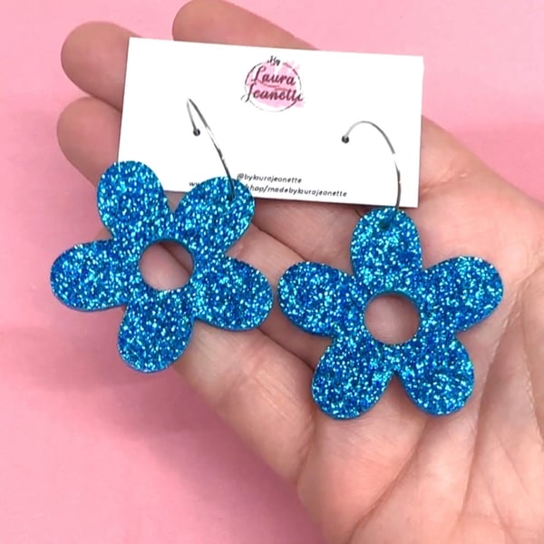 Glitter flower hoop earrings, flower dangles, blue flower dangles, flower hoops