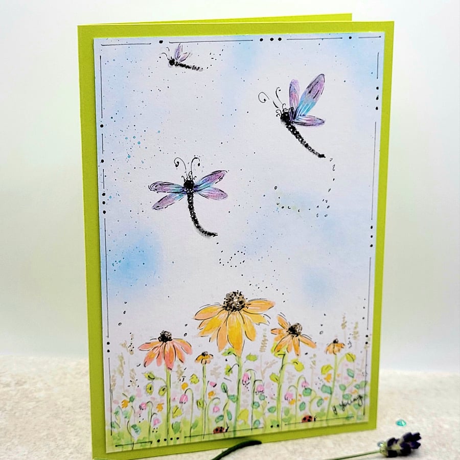 Dragonfly Blank Card - original handpainted, cone flowers, doodle inspired