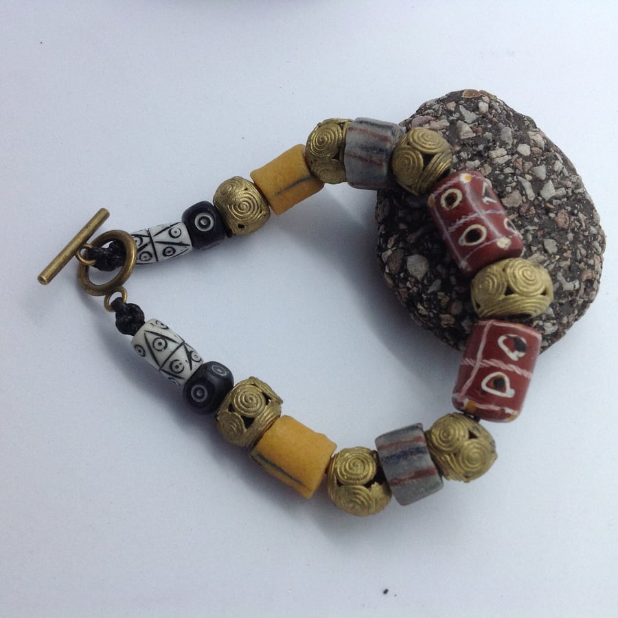Man sized bracelet with antique tic tac toe trade beads, new African brass beads
