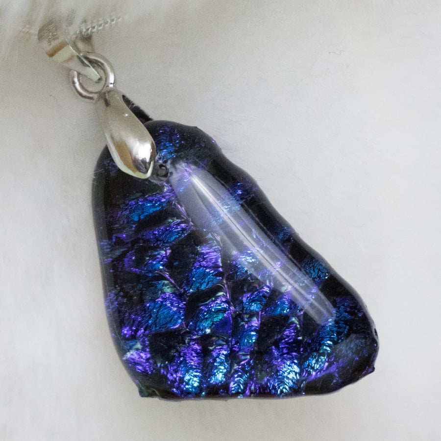 Small Bubbly Blue Triangular Dichroic Glass Pendant - 1132