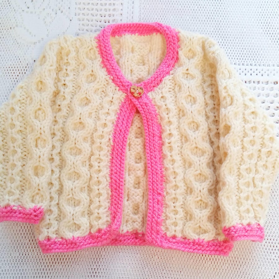 Single Button Cabled Cardigan for a Girl, Girl's Aran Cardigan, Baby Shower Gift