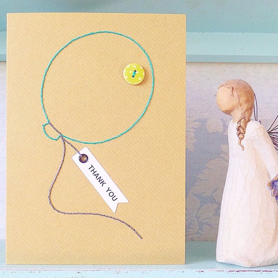 Hand Sewn Card. Thank You Card. Blank Card. Balloon Card. Handmade Card.