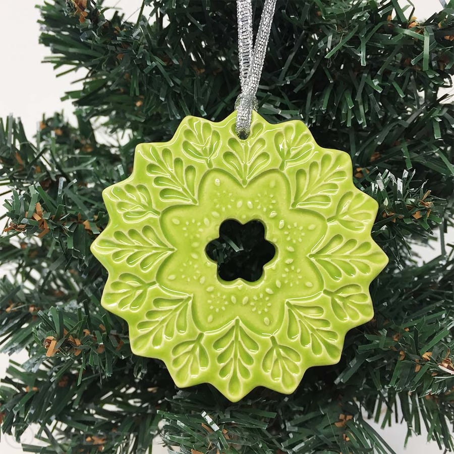 Ceramic Christmas decoration fancy pottery bauble green