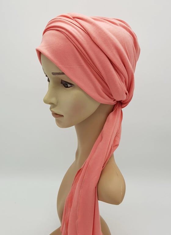 Chemo head wear with ties, dusky pink turban, stretchy viscose jersey cap 