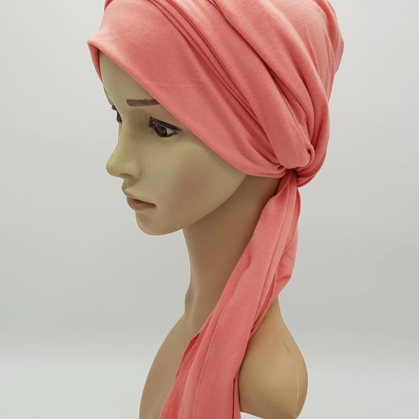 Chemo head wear with ties, dusky pink turban, stretchy viscose jersey cap 