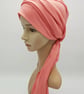 Chemo head wear with ties, dusky pink turban, stretchy viscose jersey cap 