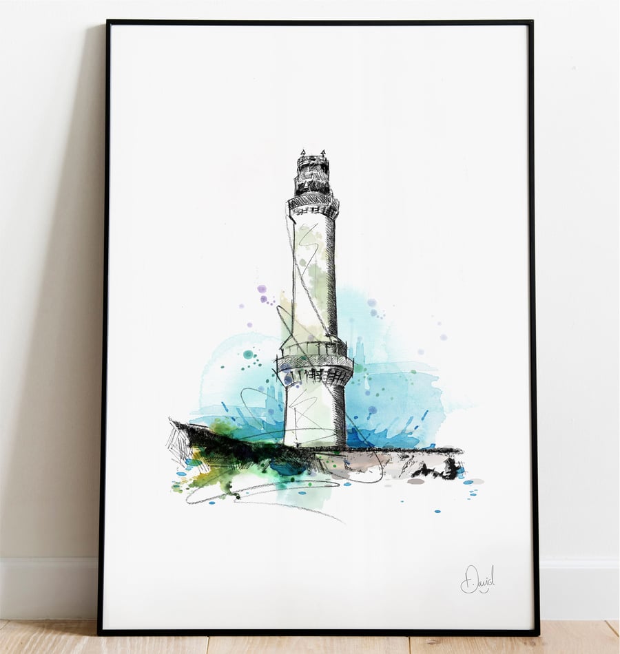 Aberdeen Girdle Ness Lighthouse Art Print, Bridge Illustration, Scotland Drawing
